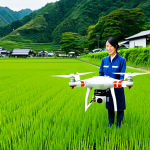 Agriculture & Technology**

A young woman in practical, modest farming attire (fully clothed), operating a drone in a lush green rice field in rural Japan. The scene showcases modern agriculture with a traditional landscape. Bright daylight, professional photography, perfect anatomy, appropriate content, safe for work, family-friendly.

**
