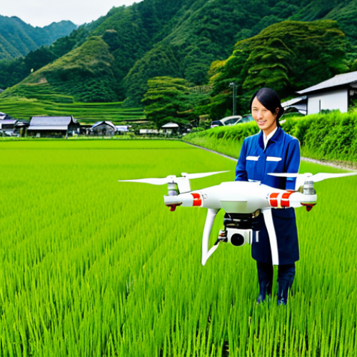 Agriculture & Technology**

A young woman in practical, modest farming attire (fully clothed), operating a drone in a lush green rice field in rural Japan. The scene showcases modern agriculture with a traditional landscape. Bright daylight, professional photography, perfect anatomy, appropriate content, safe for work, family-friendly.

**