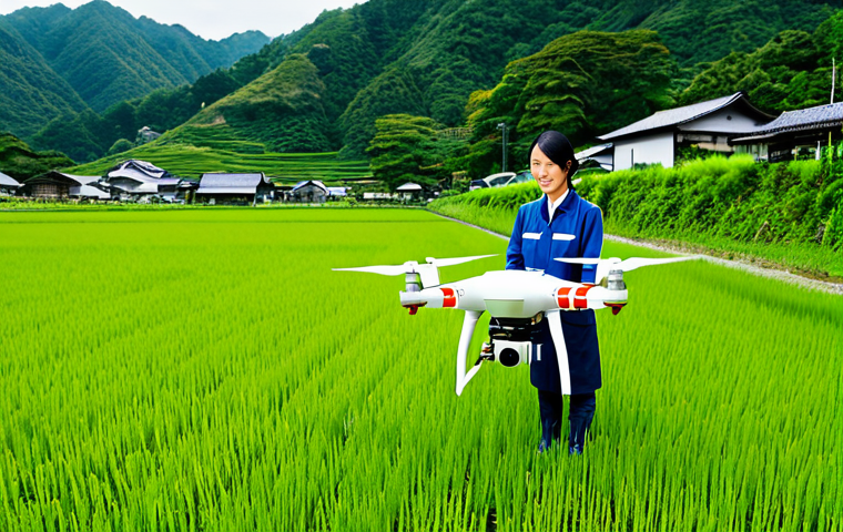 Agriculture & Technology**

A young woman in practical, modest farming attire (fully clothed), operating a drone in a lush green rice field in rural Japan. The scene showcases modern agriculture with a traditional landscape. Bright daylight, professional photography, perfect anatomy, appropriate content, safe for work, family-friendly.

**