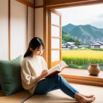 지역개발 전문지식 필독 서적 - **Prompt**: A cozy, sunlit reading nook in a modern Japanese home, where a thoughtful young woman in...