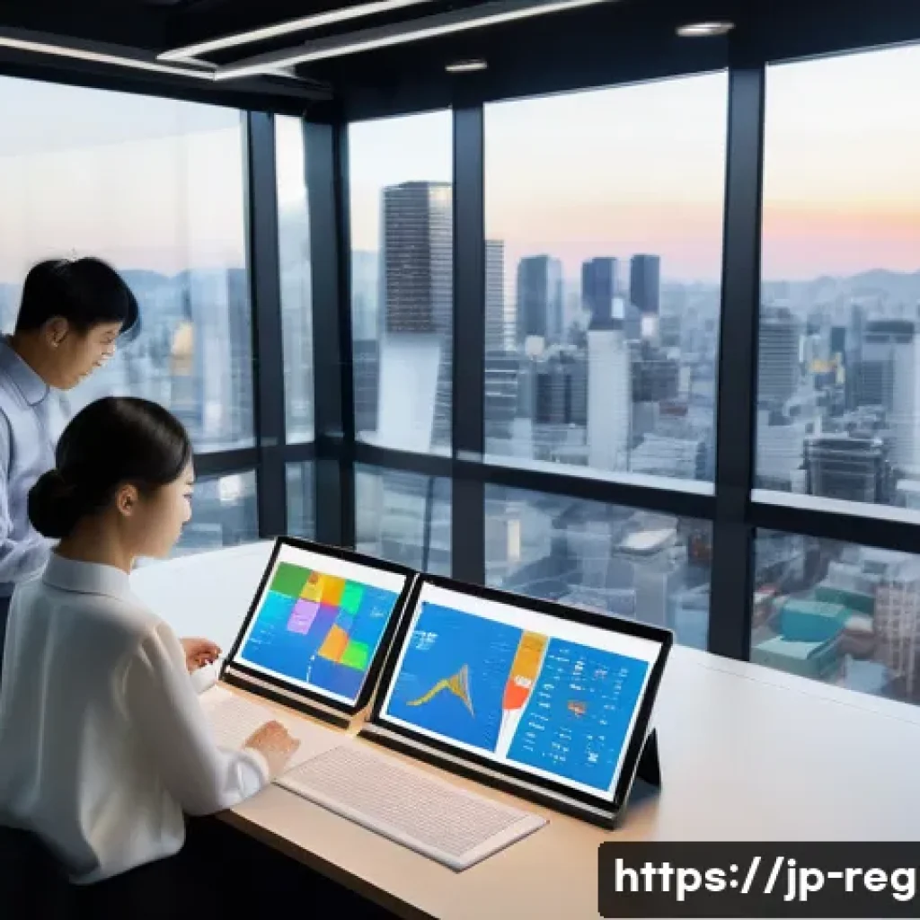 지역개발 프로젝트 비용 관리 - A modern Japanese urban development project office scene, with diverse professionals collaborating a...