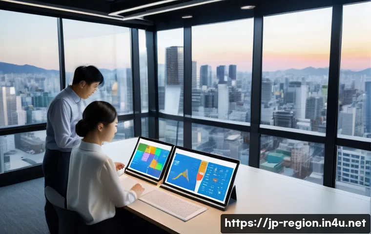 지역개발 프로젝트 비용 관리 - A modern Japanese urban development project office scene, with diverse professionals collaborating a...