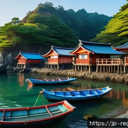 지역개발 초보자를 위한 입문 가이드 - A picturesque small Japanese fishing village scene during early morning light, showcasing traditiona...