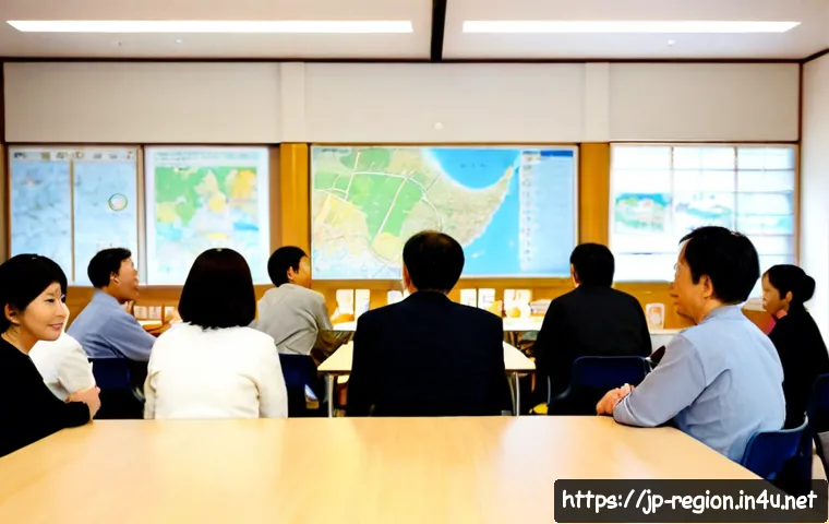 지역개발에서의 지역 커뮤니티 협력 - Photorealistic community planning workshop in a modern Japanese neighborhood hall, diverse local res...